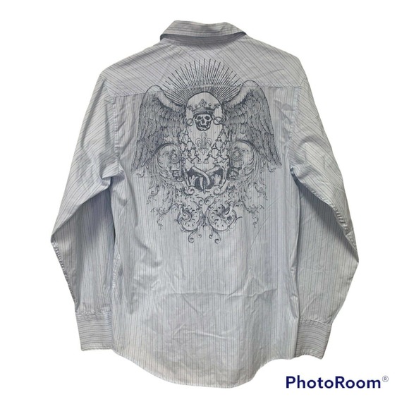 Level Ten Mens Medium Light Blue Striped Button Up Shirt Long Sleeve Graphic - Picture 2 of 11